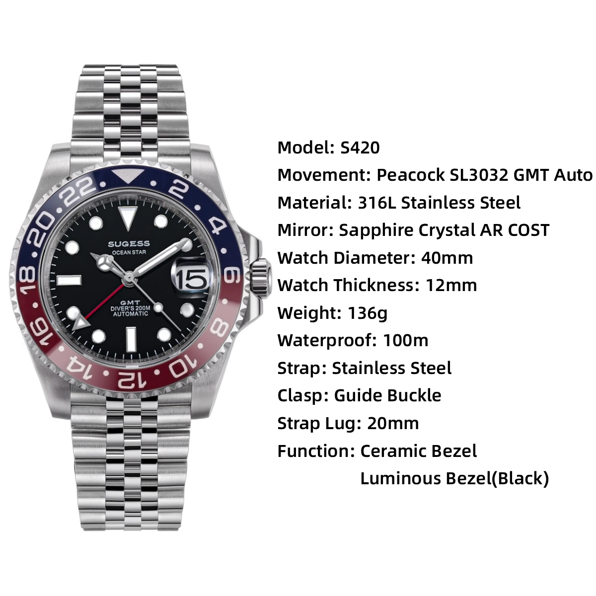 Sugess GMT Diving Watch of Men Automatic Mechanical Waterproof Wristwatches Peacock SL3032 Movement Ceramic Bezel Jubille Band - Image 6