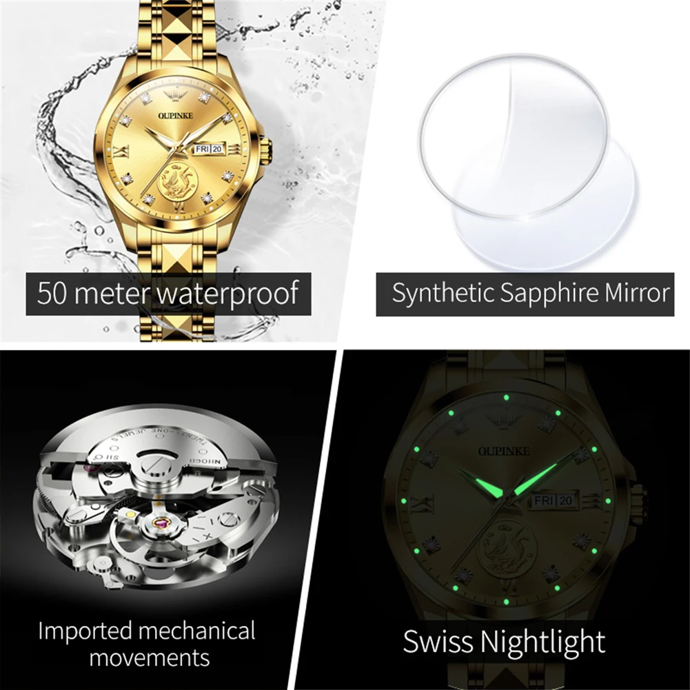 OUPINKE 3259 Real Gold Automatic Mechanical Watch for Women Ladies Hand Clock Original Luxury Tungsten Steel Strap Watch Women - Image 9