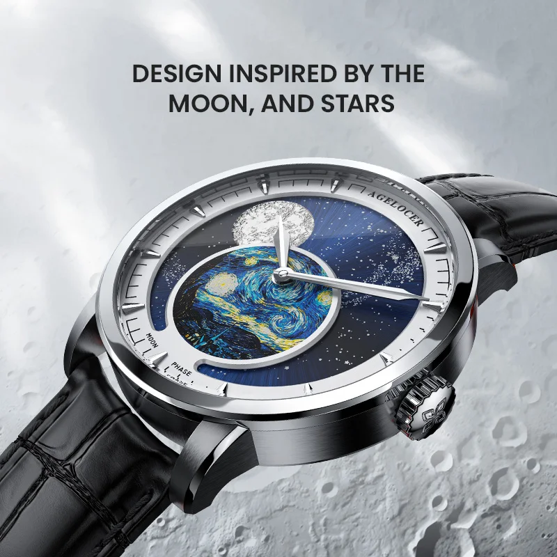 AGELOCER Original Astronomer Watch Van Gogh Oil Painting Men Luxury Automatic Mechanical Moon Phase Watch Birthday Gift for Men - Image 2
