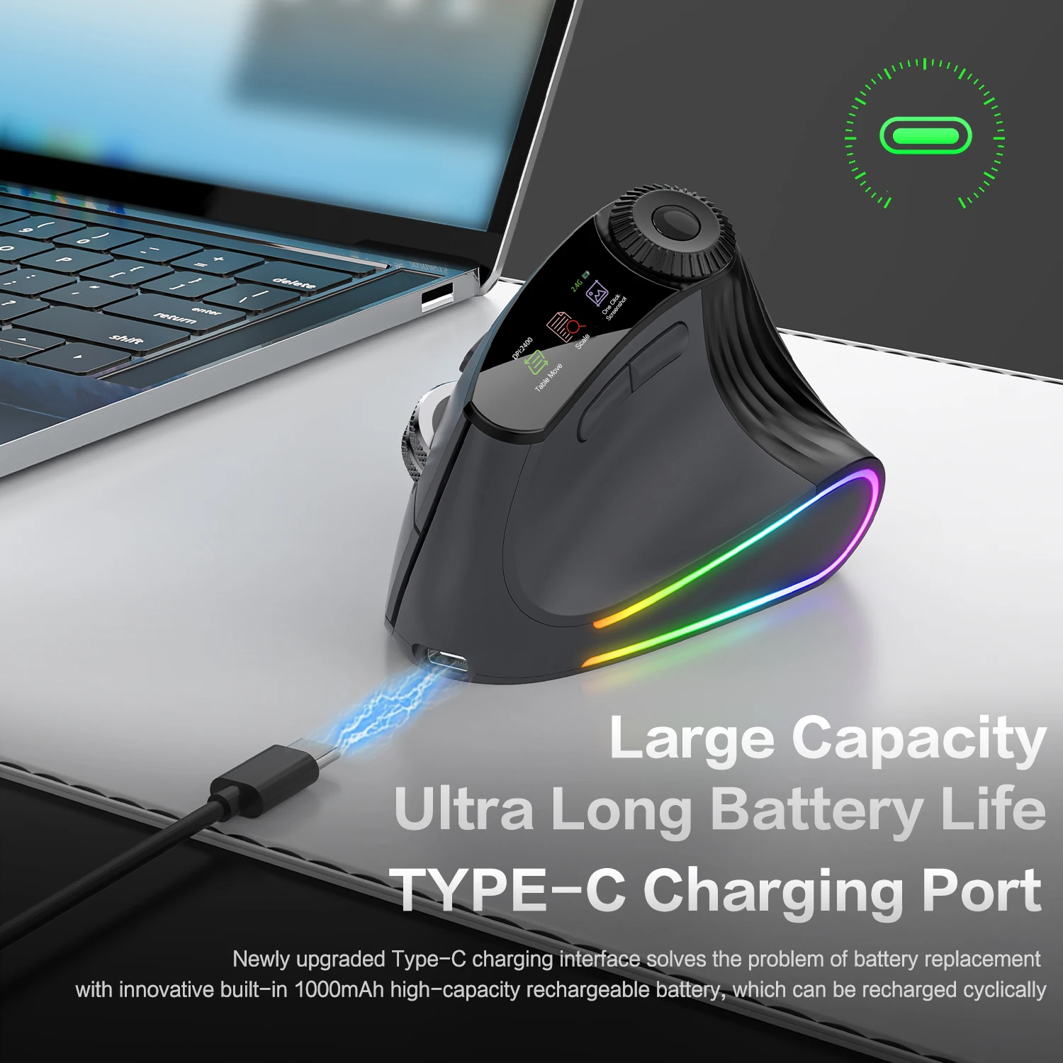 Jomaa RGB Backlit Speed Roller Wireless Vertical Mouse with Function Adjustment Knob Bluetooth USB Ergonomic Mice Slient Click - Image 12