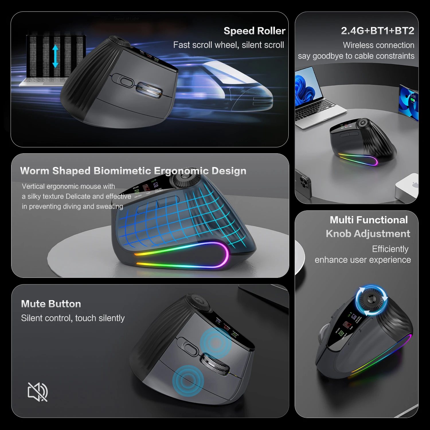 Jomaa RGB Backlit Speed Roller Wireless Vertical Mouse with Function Adjustment Knob Bluetooth USB Ergonomic Mice Slient Click - Image 17