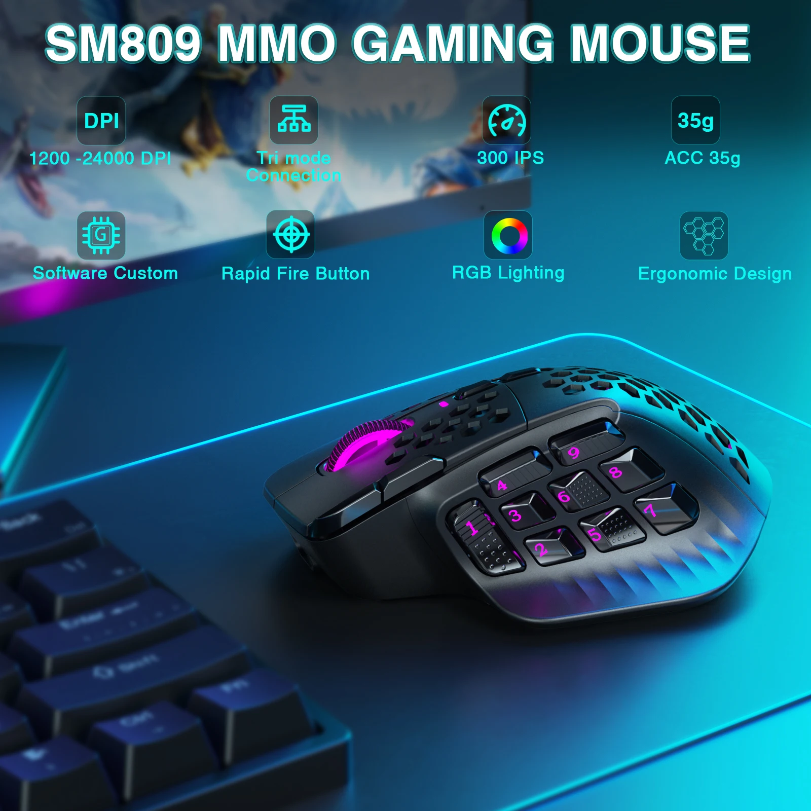 SOLAKAKA SM809 Pro Wireless MMO Gaming Mouse PAW3311 16 Side Buttons 24000 DPI RGB Honeycomb Programmable Macro Wireless mouse - Image 2