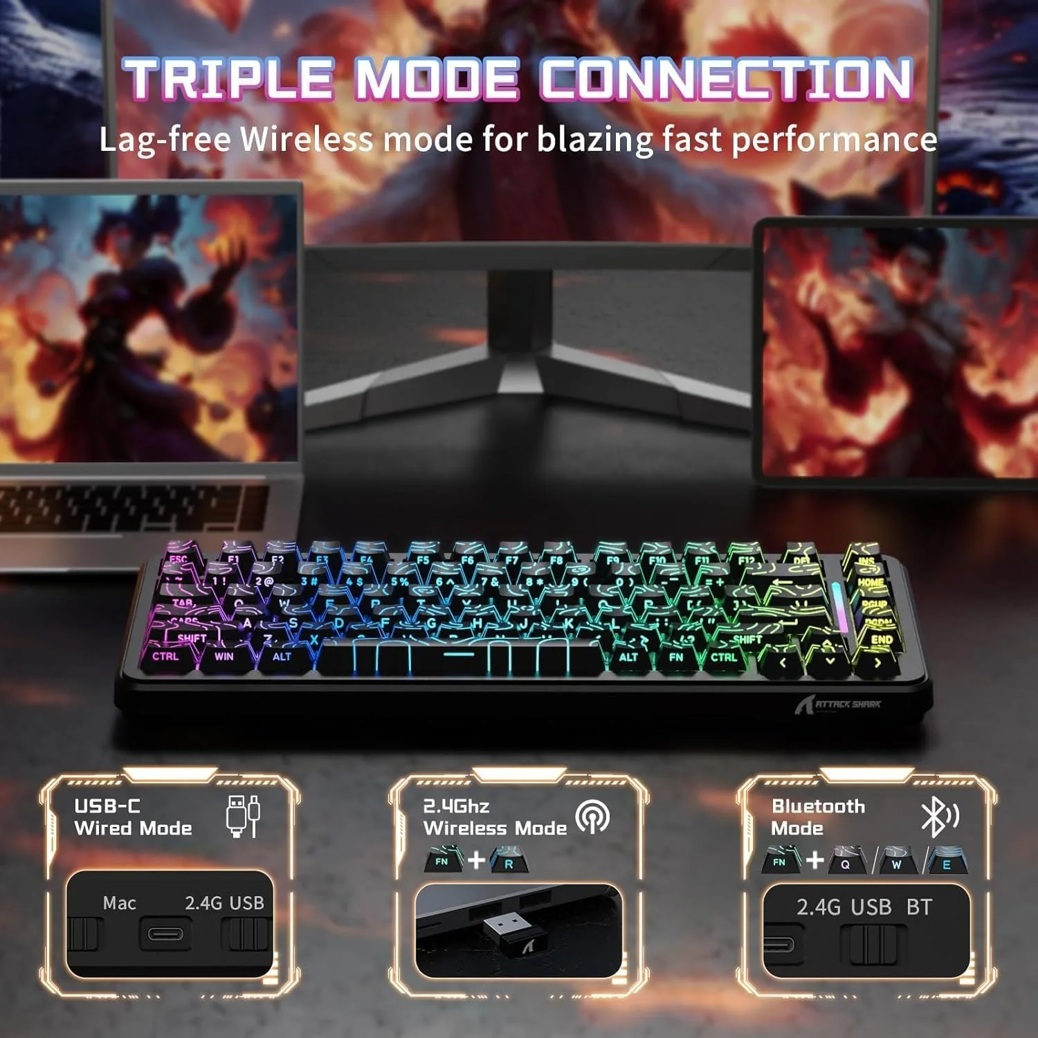 Attack Shark X82Pro HE 75% Magnetic Wireless Gaming Keyboard, 0.01mm RT, 8KHz Polling, Hot-Swap, Tri-Mode Bluetooth/2.4G/USB-C - Image 22