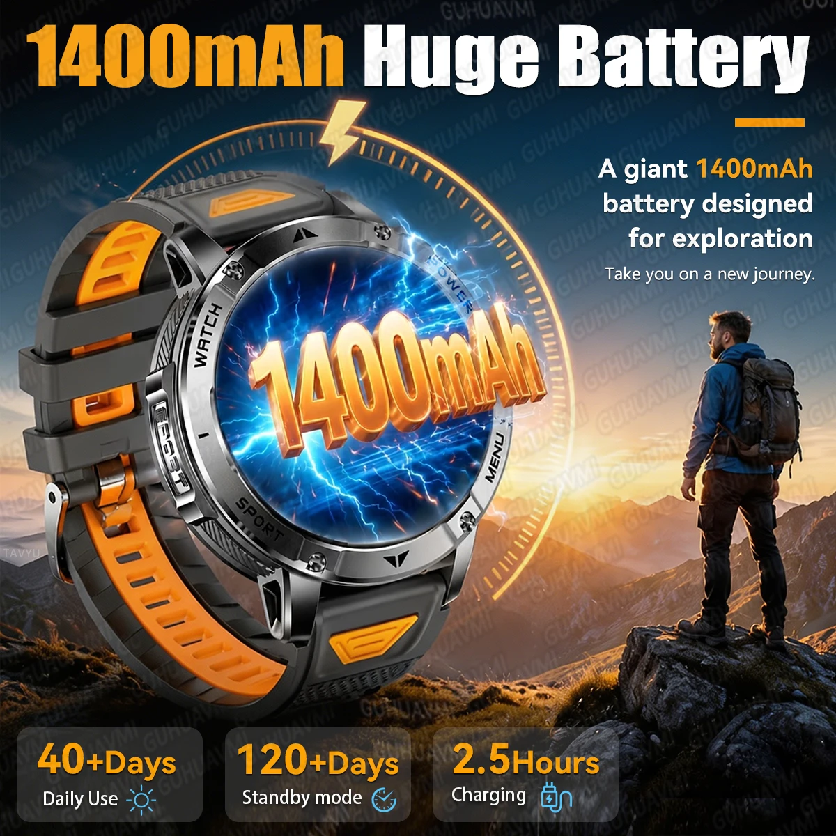2026 New 1400mAh Large Battery SmartWatch Outdoor Flashlight 5ATM Waterproof Heart Rate SOS Bluetooth Call Sports Smartwatch Men - Image 2