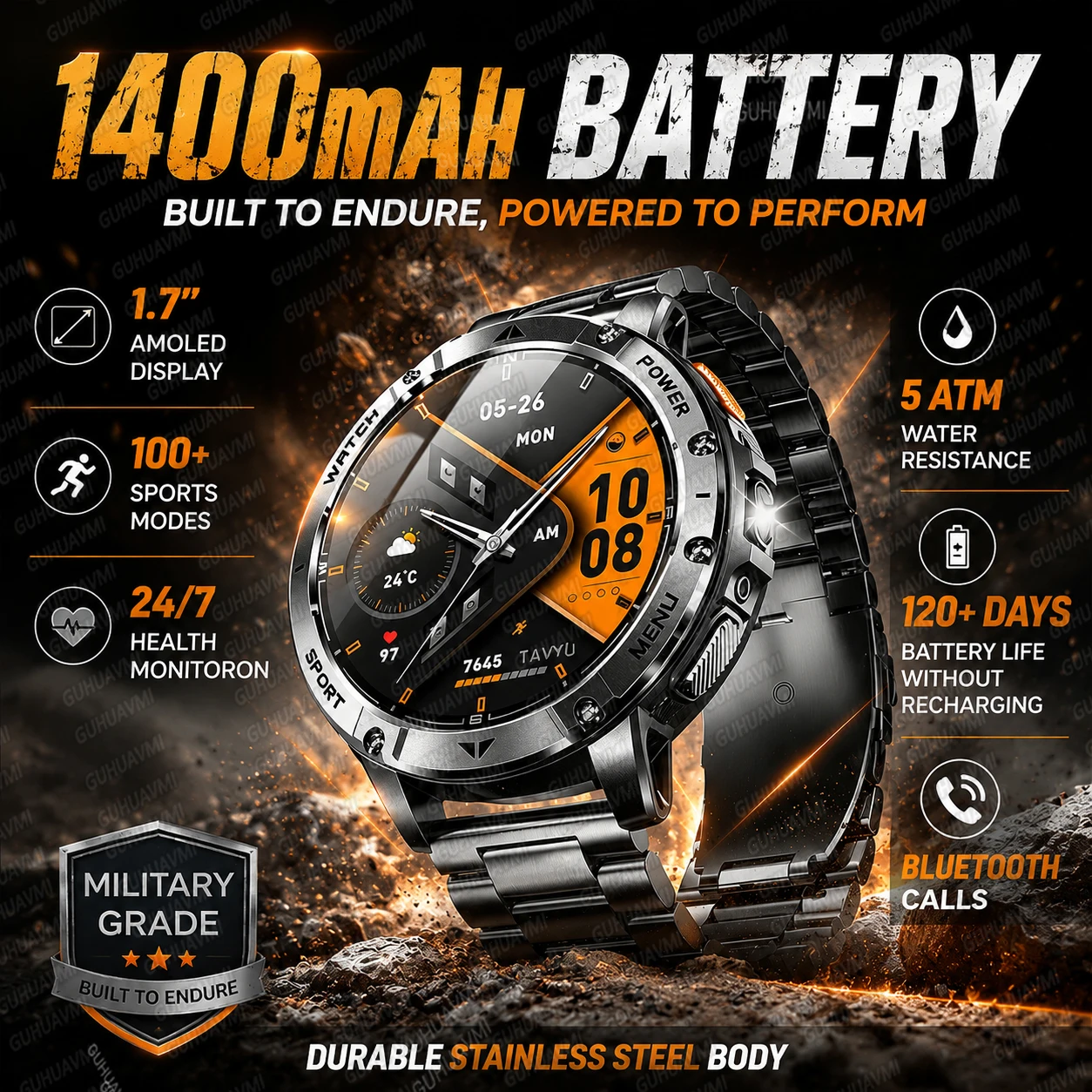 2026 New 1400mAh Large Battery SmartWatch Outdoor Flashlight 5ATM Waterproof Heart Rate SOS Bluetooth Call Sports Smartwatch Men