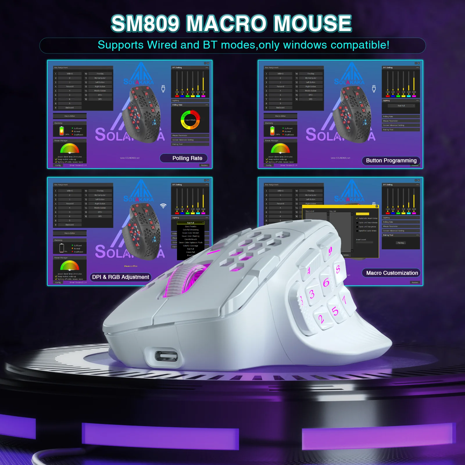SOLAKAKA SM809 Pro Wireless MMO Gaming Mouse PAW3311 16 Side Buttons 24000 DPI RGB Honeycomb Programmable Macro Wireless mouse - Image 7