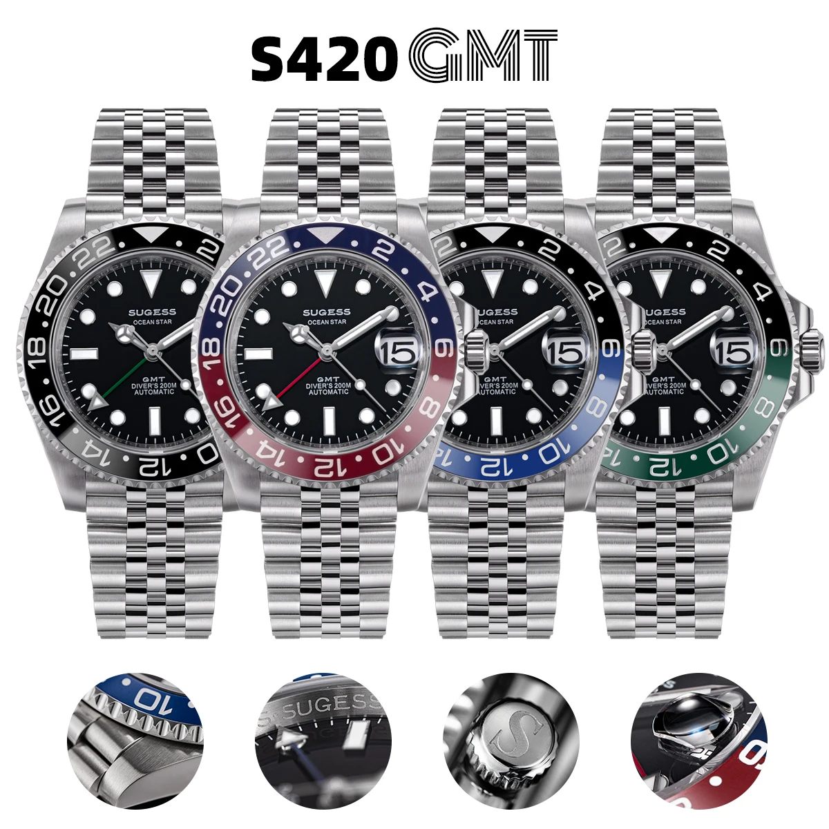 Sugess GMT Diving Watch of Men Automatic Mechanical Waterproof Wristwatches Peacock SL3032 Movement Ceramic Bezel Jubille Band - Image 2