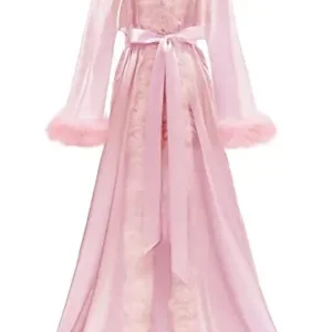 Women’s Satin Robe Fur Nightgown Bathrobe Sleepwear Feather Bridal Robe with Belt