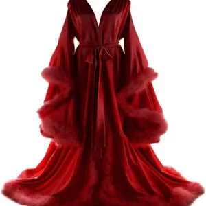 Feather Satin Women Prom Dress Sexy V Neck Full Sleeves Satin Wedding Sleepwear Evening Gown Customized Formal Bridal Robe