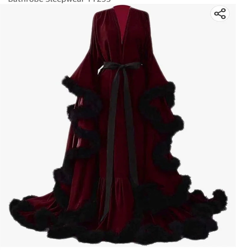 Feather Satin Women Prom Dress Sexy V Neck Full Sleeves Satin Wedding Sleepwear Evening Gown Customized Formal Bridal Robe - Image 2